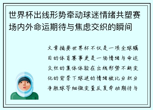 世界杯出线形势牵动球迷情绪共塑赛场内外命运期待与焦虑交织的瞬间