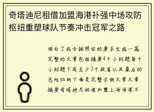 奇塔迪尼租借加盟海港补强中场攻防枢纽重塑球队节奏冲击冠军之路